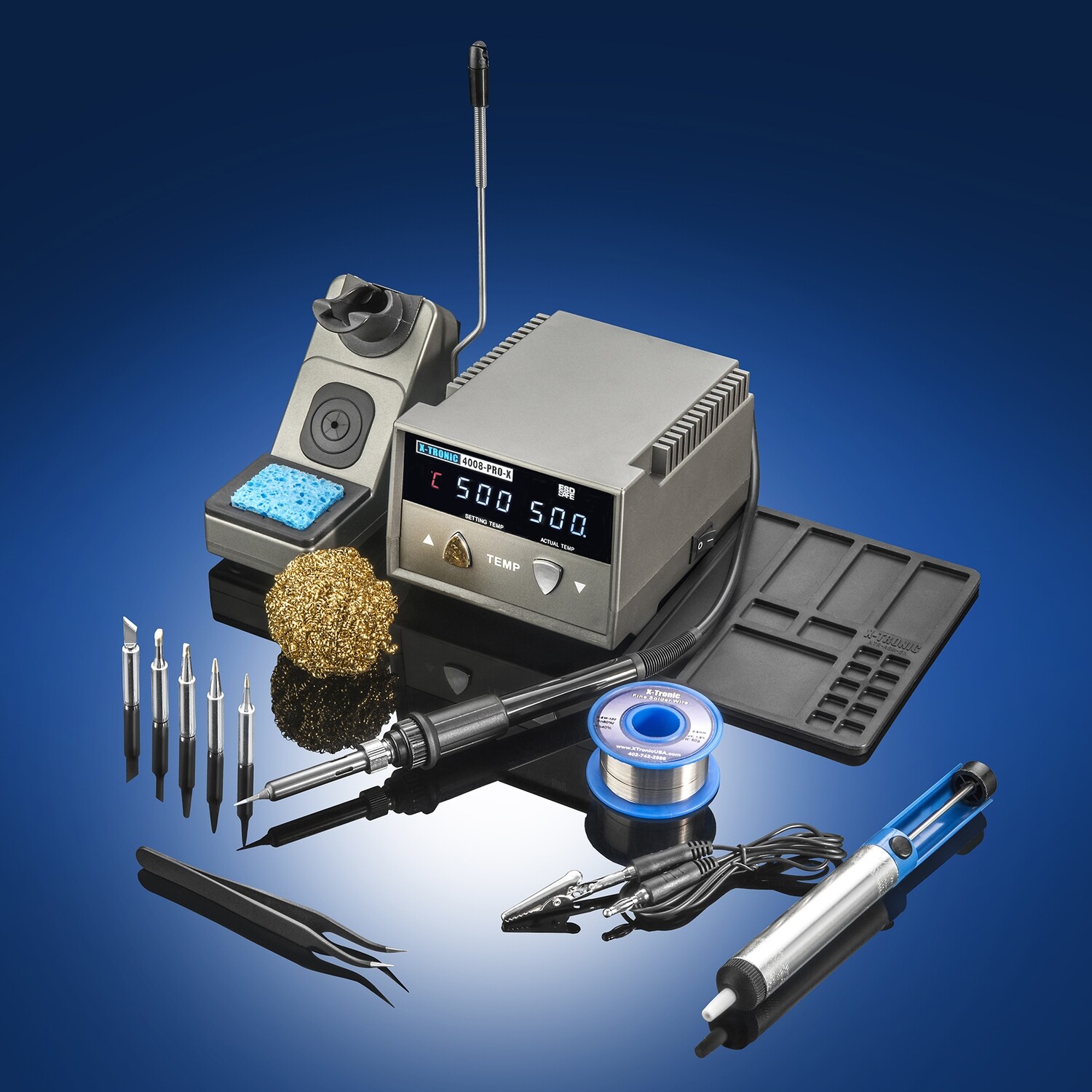 X-Tronic 4008-PRO-X • 75 Watt Soldering Iron Station w/ PID Technology • Features: 0-30 Minute Sleep Timer, °C/°F Conversion, and a Mute/Unmute Func! • Accesories: 5 Extra Tips, 60/40 Solder, and More