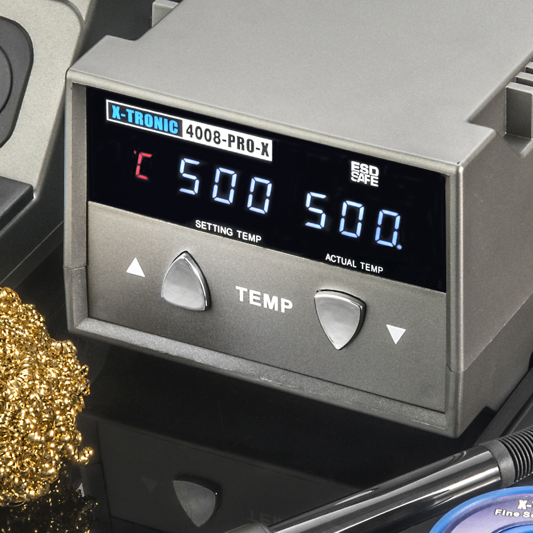 X-Tronic 4008-PRO-X • 75 Watt Soldering Iron Station w/ PID Technology • Features: 0-30 Minute Sleep Timer, °C/°F Conversion, and a Mute/Unmute Func! • Accesories: 5 Extra Tips, 60/40 Solder, and More