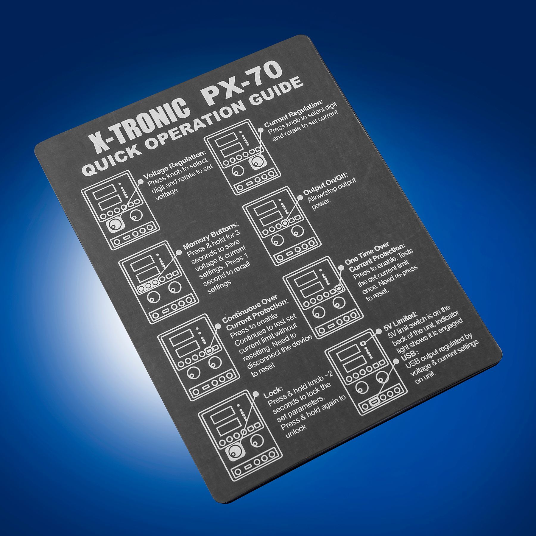 X-Tronic PX-70 Linear Variable Bench DC Power Supply • Memory Recall, Lock/Unlock Func • 5 Protection Modes • Adjustable USB Output • Precise Rotary Encoder Adjustments • 3 Sets of Dependable Leads