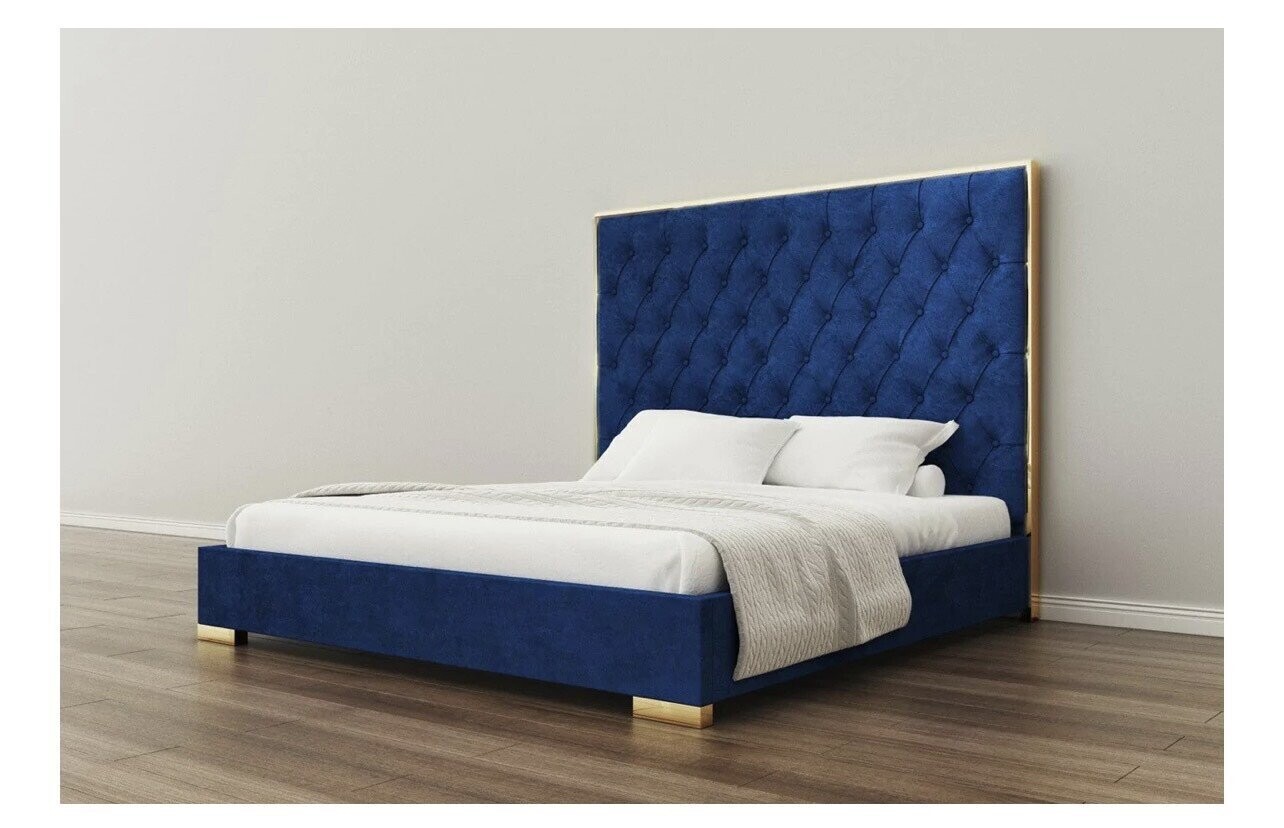 Bed Victoria Tufted Upholstered Suede Low Profile Bed (Royal blue w/ Gold  trim)