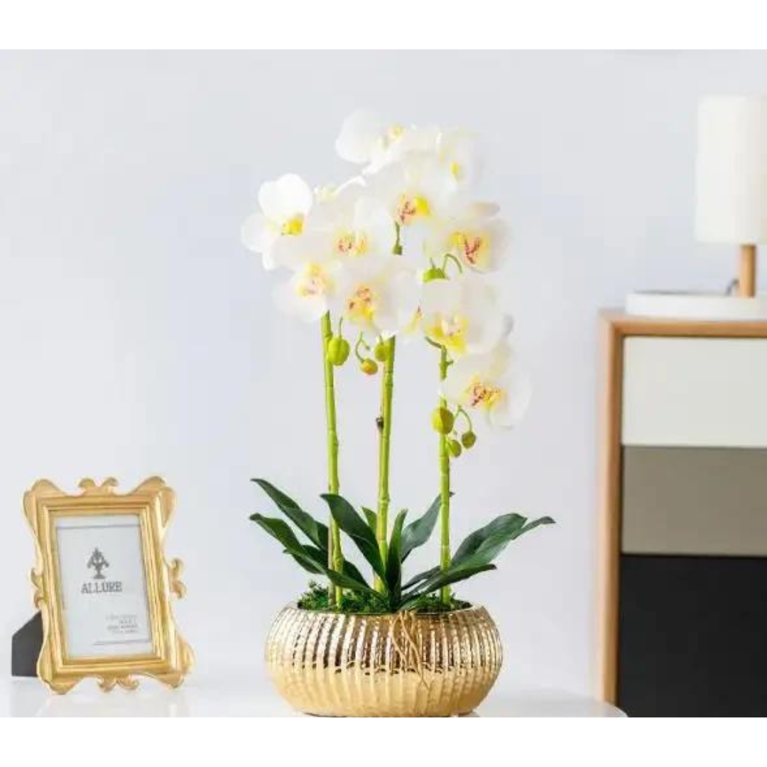 White Orchid 22 High Faux Flowers in Gold Ceramic Pot - #58Y69