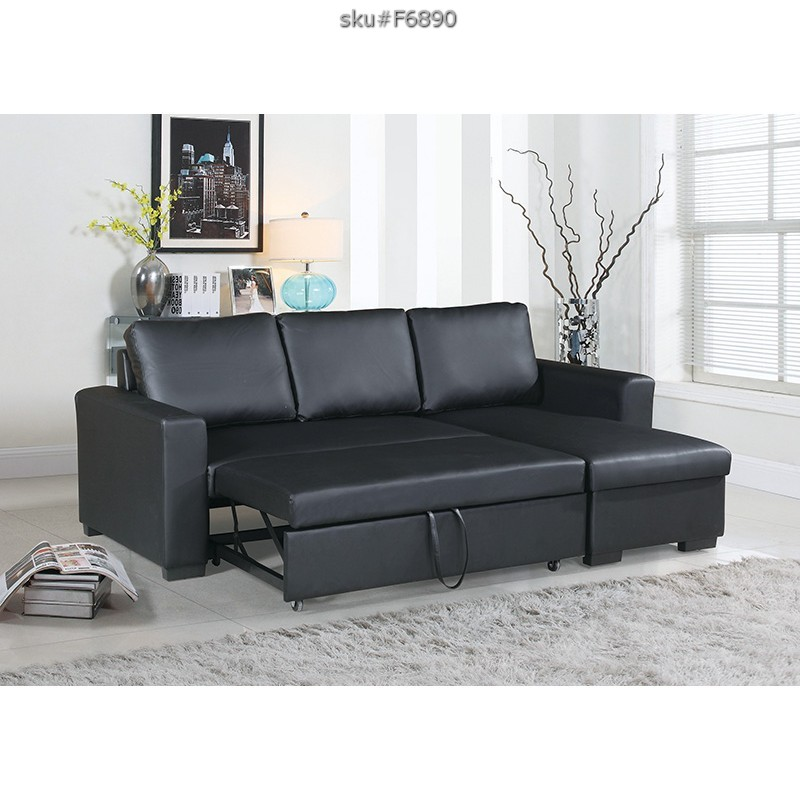 Sleeper Sectional Sofa Black Leather with Storage Chaise