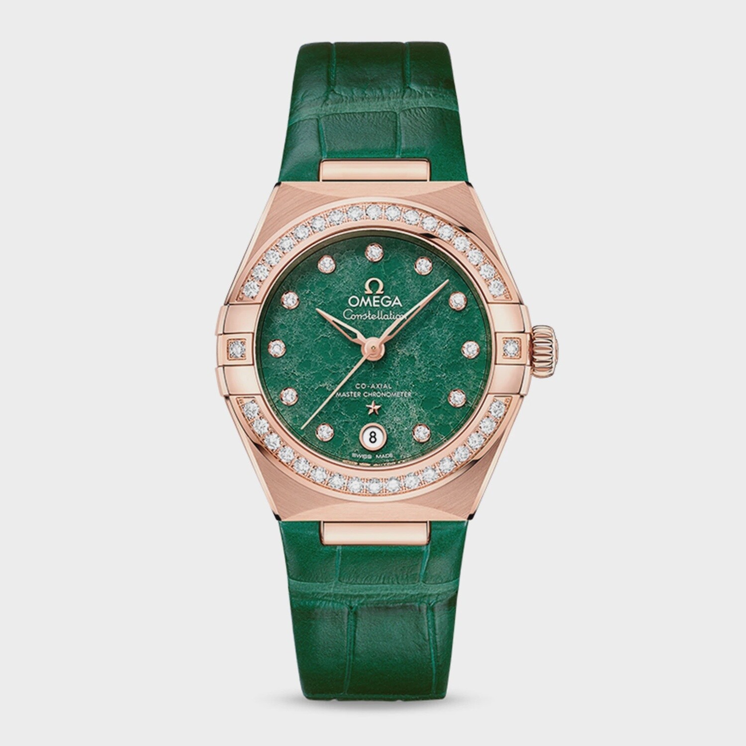 Constellation 29mm with Green Aventurine Diamond Dial and Diamond Bezel in a Rose Gold on a Green Alligator Strap