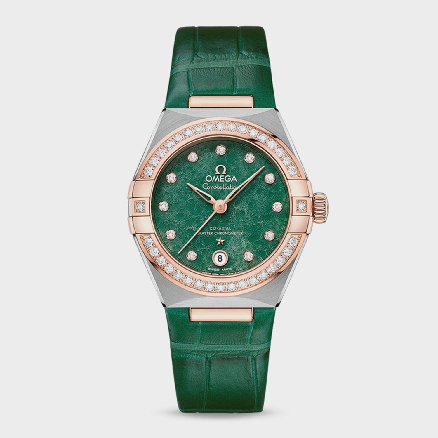 Constellation 29mm with Green Aventurine Diamond Dial and Diamond Bezel in a Stainless Steel and Rose Gold  on Green Alligator Strap