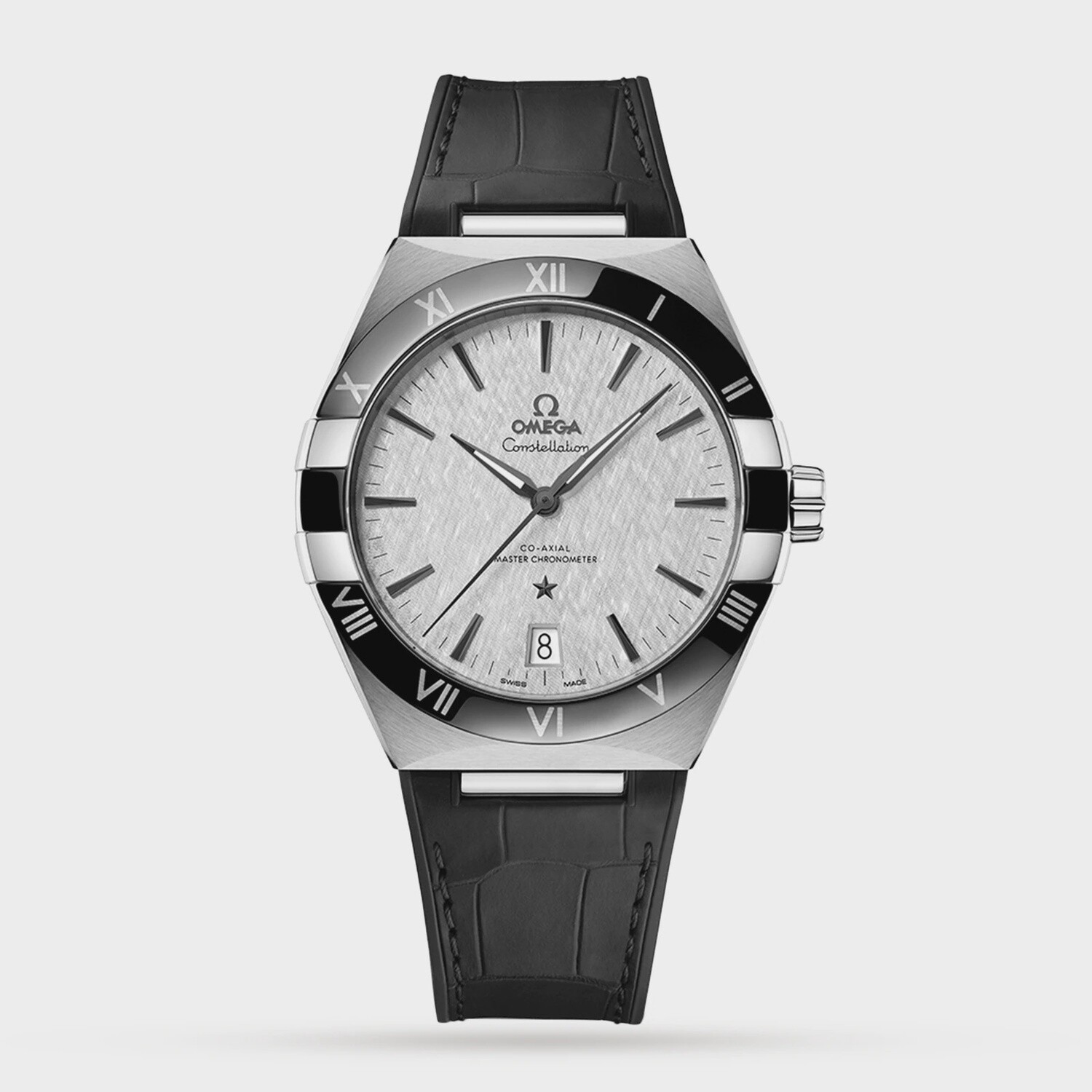 Constellation 41mm with Rhodium Silk Dial in a Stainless Steel Case on Black Alligator and Rubber Strap