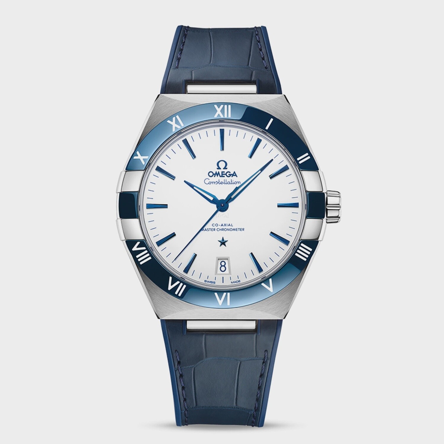 Constellation 41mm with White Dial in a Stainless Steel Case on Blue Alligator and Rubber Strap