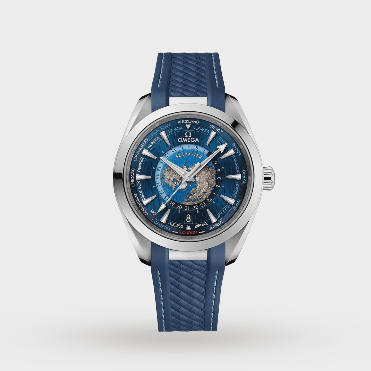 Aqua Terra  Worldtimer 43mm with a Blue Dial in a Stainless Steel on Blue Textured Rubber Strap