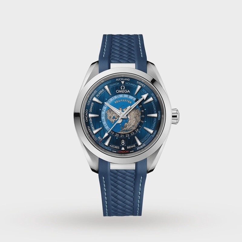 Aqua Terra  Worldtimer 43mm with a Blue Dial in a Stainless Steel on Blue Textured Rubber Strap