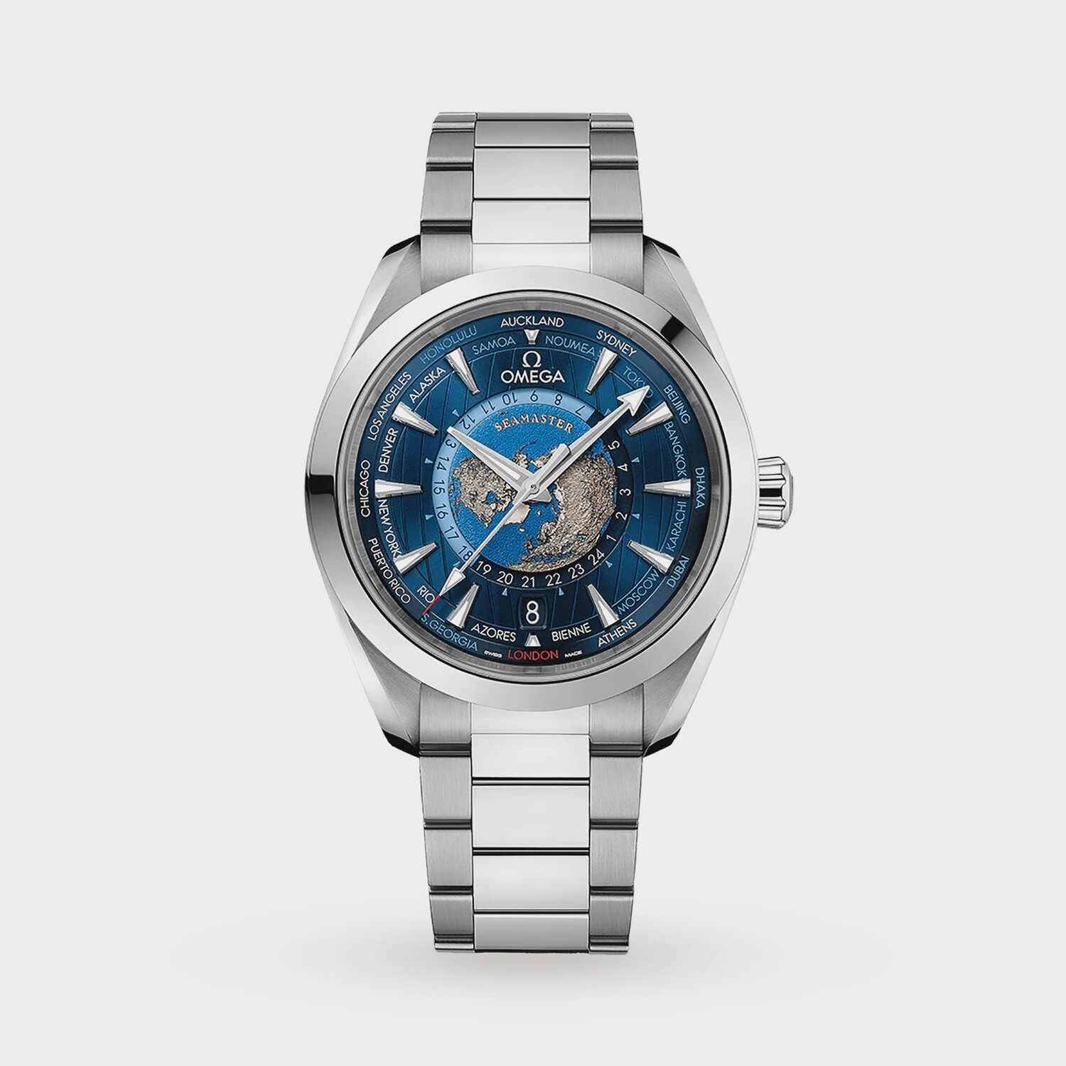 Aqua Terra GMT Worldtimer 43mm Blue Globe Dial in Stainless Steel