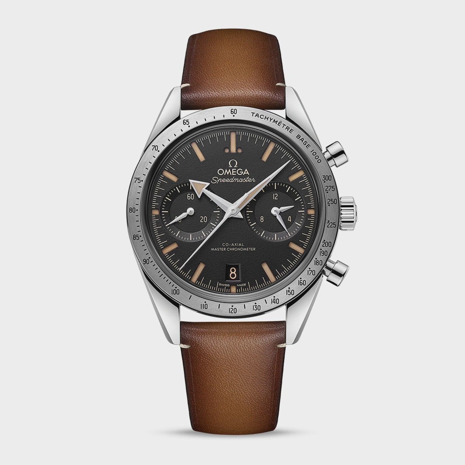 Speedmaster 57 41.5mm with Black Dial in a Stainless Steel on Brown Leather Strap