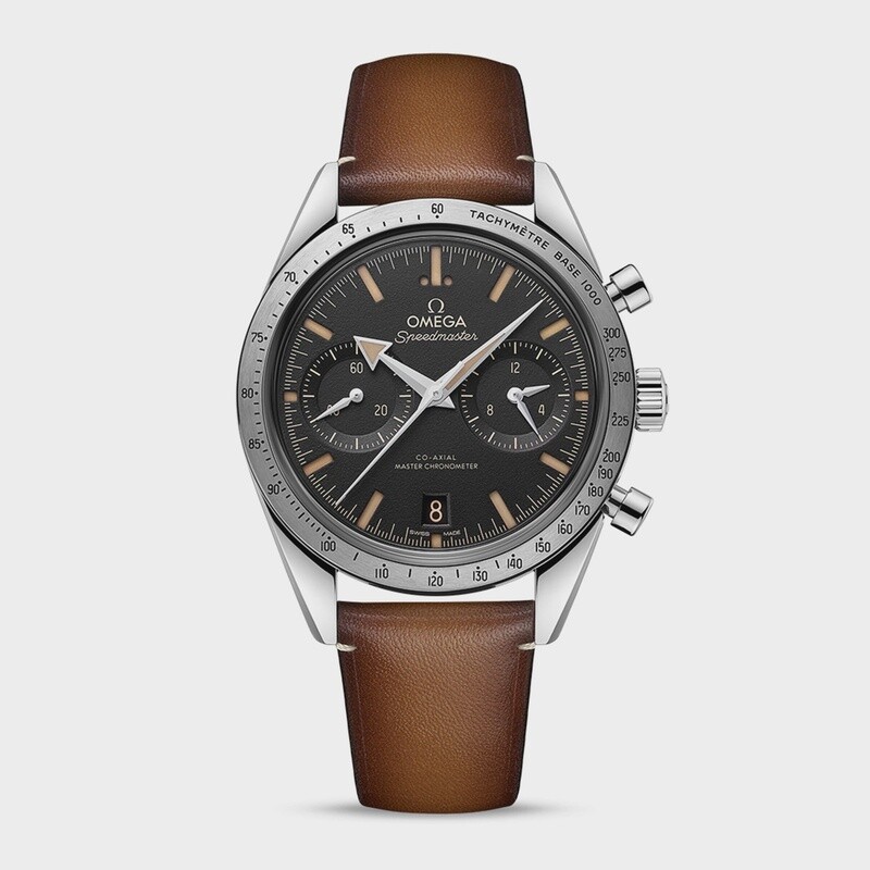 Speedmaster 57 41.5mm with Black Dial in a Stainless Steel on Brown Leather Strap