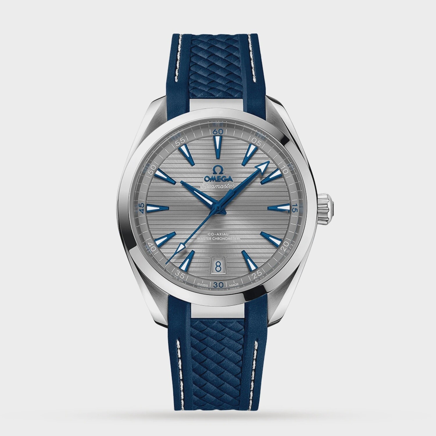 Aqua Terra 41mm with Teak Grey Dial in a Stainless Steel Case on Blue Textured  Rubber Strap