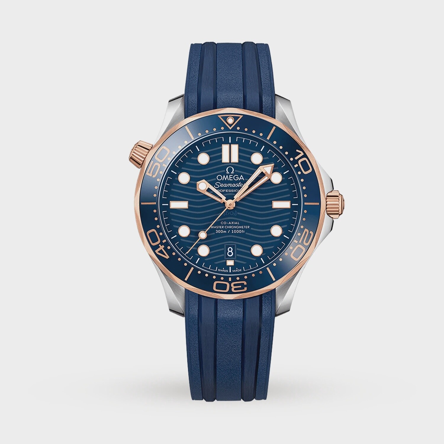 Seamaster Diver 300m 42mm with Blue Dial in Stainless Steel and Rose Gold on Black Rubber Strap