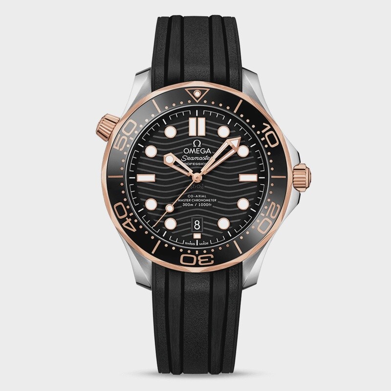 Seamaster Diver 300m 42mm with Black Dial in Stainless Steel  and Sedna Gold on Rubber Strap