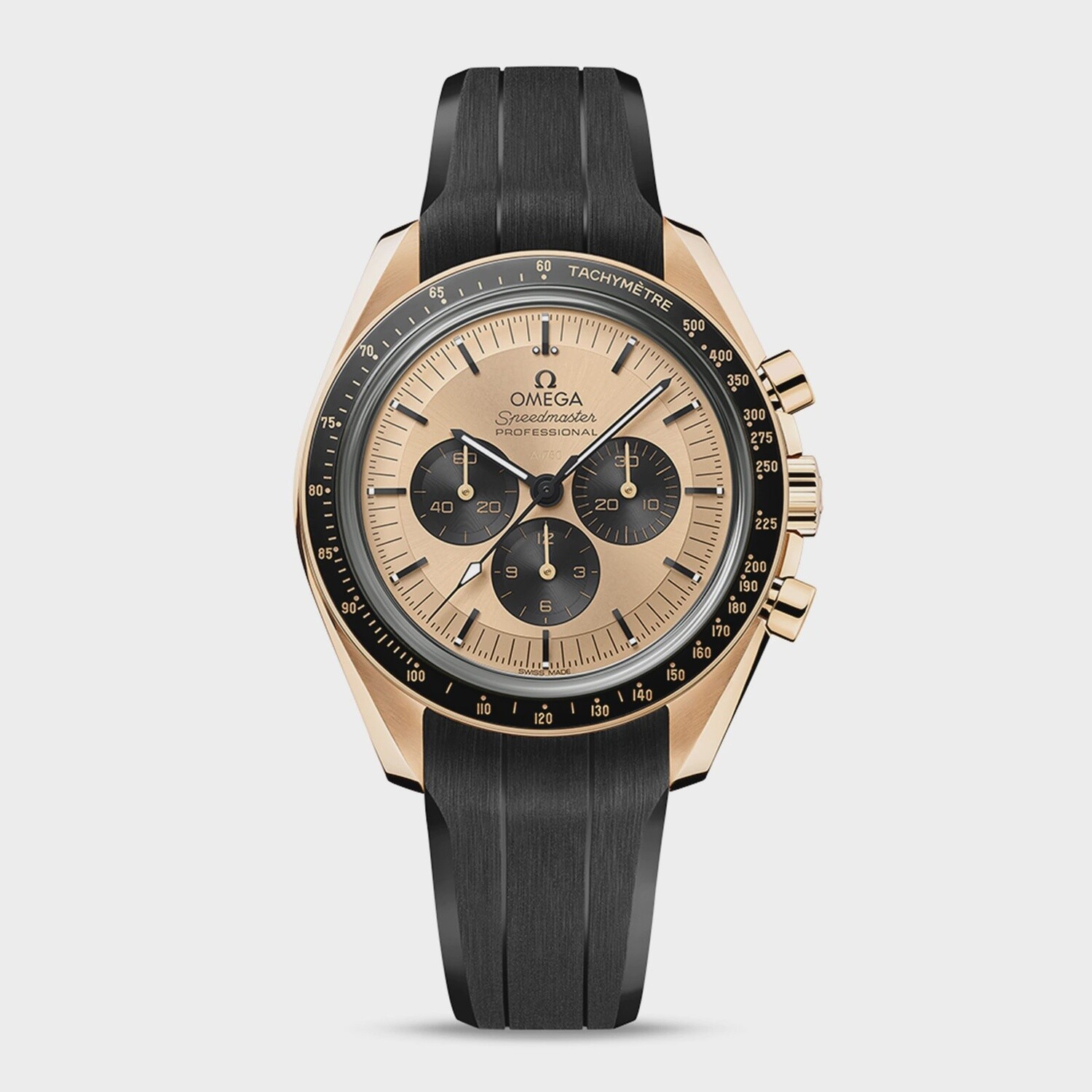 Speedmaster Moonwatch 42mm with Gold Dial in a Yellow Gold Case on Black Rubber Strap