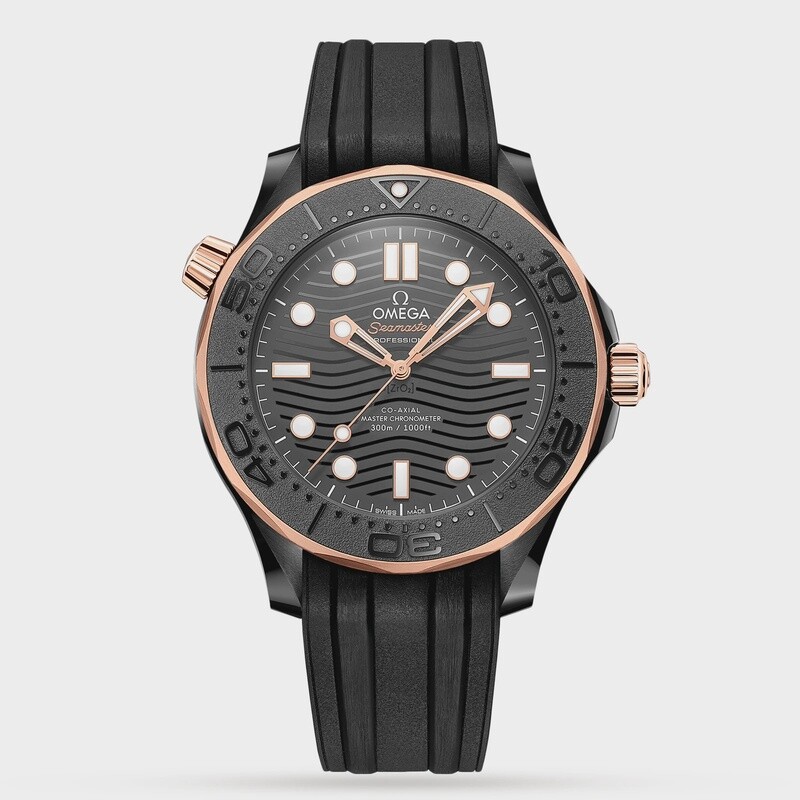 Seamaster Diver 300m 43.5mm with Black Dial in Black Ceramic and Rose Gold on Rubber Strap