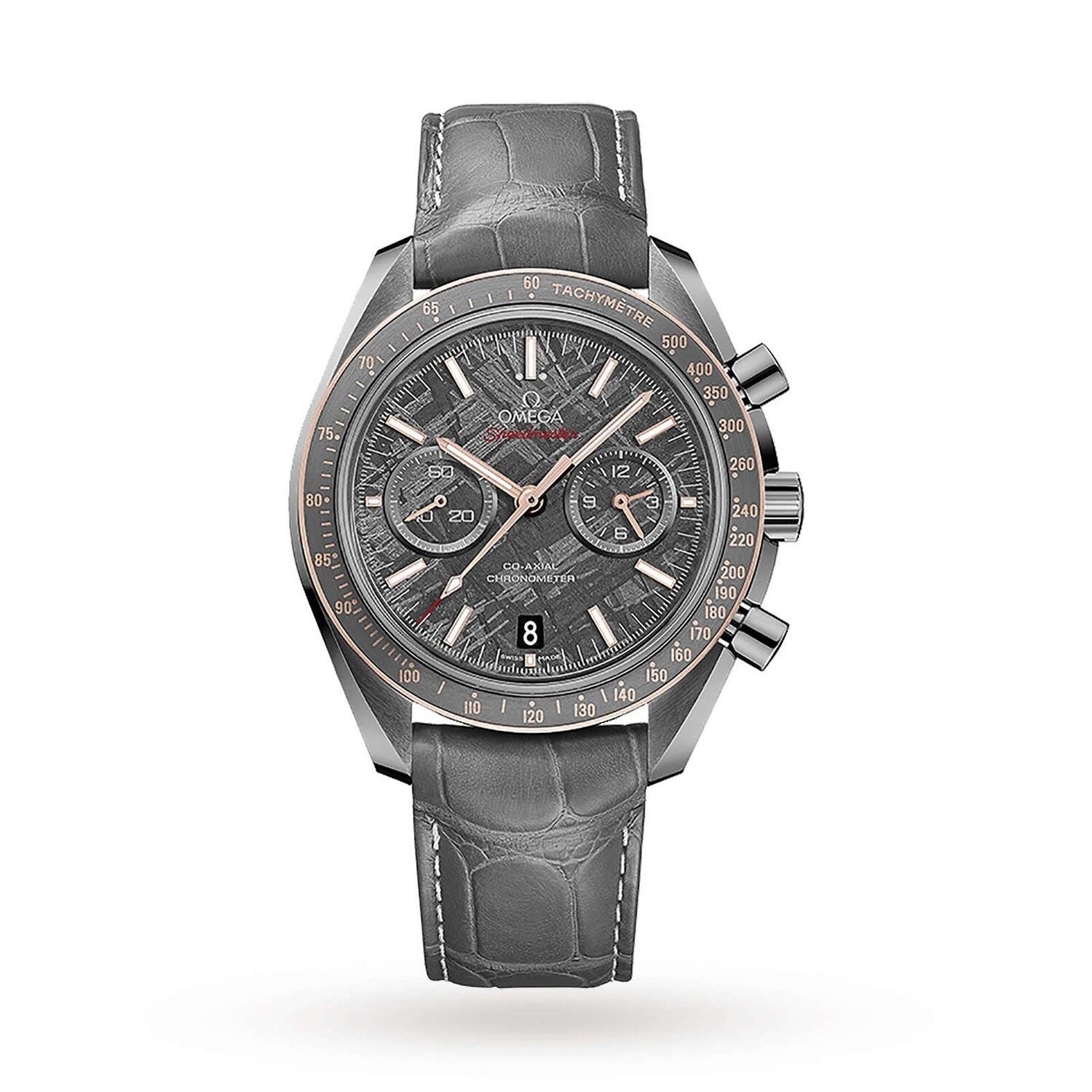 Speedmaster &#39;Grey Side Of The Moon Meteorite&#39; in Grey Ceramic on a Grey Alligator Strap