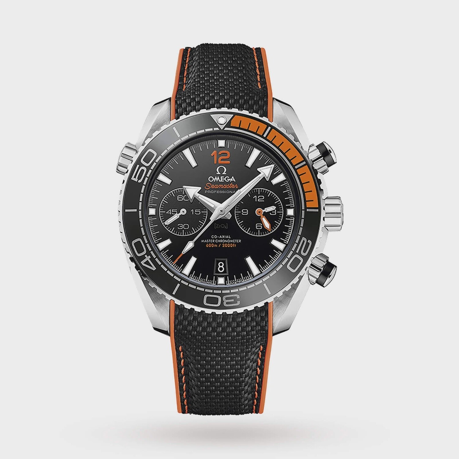 Seamaster Planet Ocean 600m 45.5mm with Black and Orange dial in a Stainless Steel Case on Rubber textile Strap