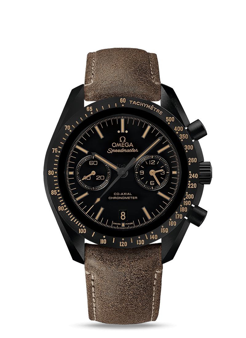 Speedmaster 44mm Dark Side of The Moon with Black Dial in Black Ceramic  on  Brown Strap