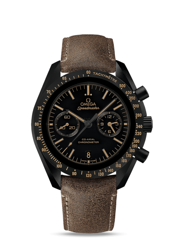 Speedmaster 44mm Dark Side of The Moon with Black Dial in Black Ceramic  on  Brown Strap
