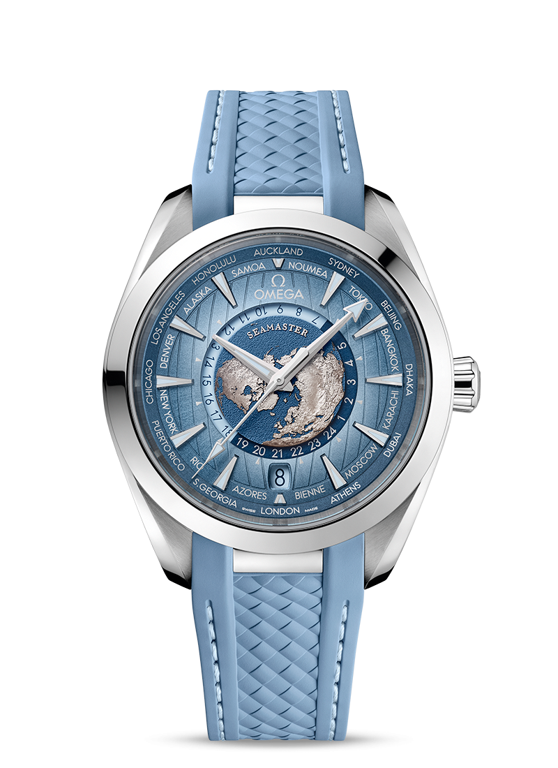 Aqua Terra Worldtimer 43mm with Summer Blue Globe Dial in Steel on a Rubber Strap