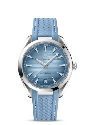 Aqua Terra 41mm with Summer Blue Dial in Steel on a Blue Rubber Strap
