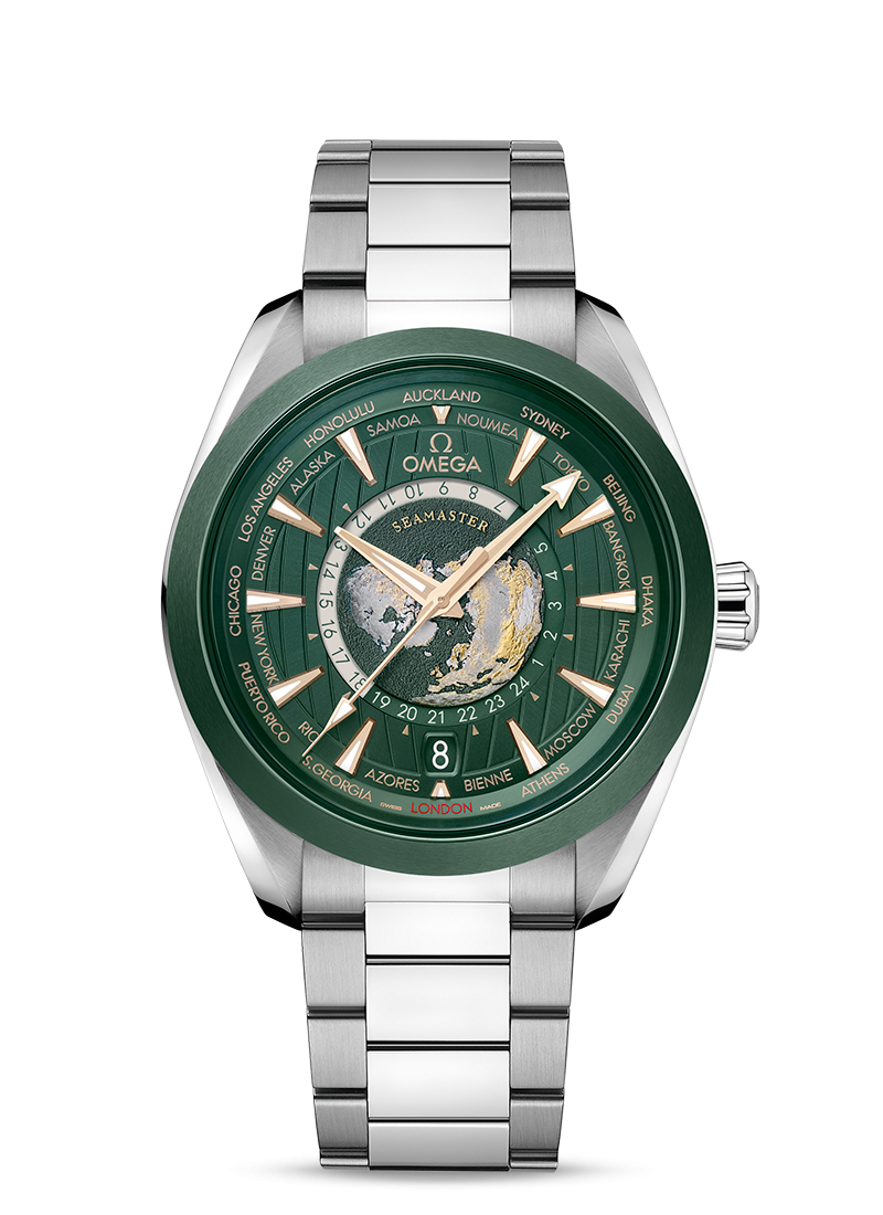 Aqua Terra Worldtimer 43mm with Green Globe Dial in Stainless Steel