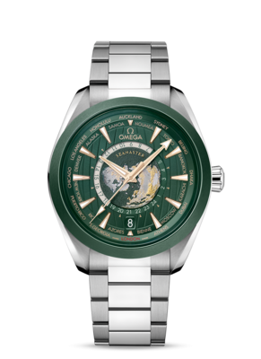 Aqua Terra Worldtimer 43mm with Green Globe Dial in Stainless Steel