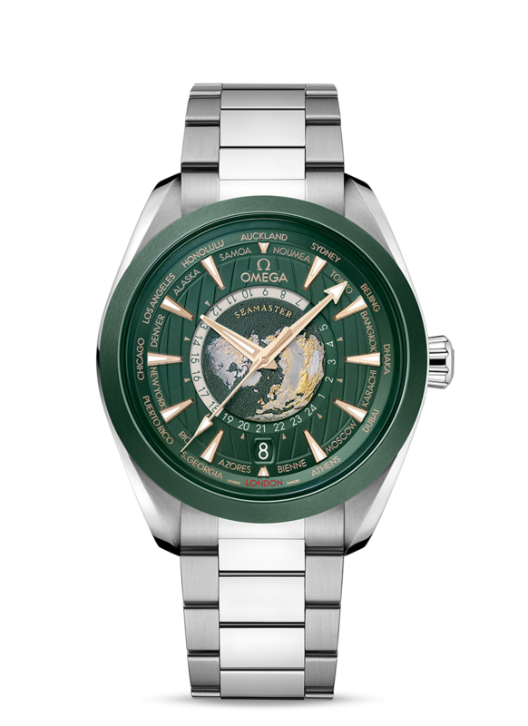 Aqua Terra Worldtimer 43mm with Green Globe Dial in Stainless Steel