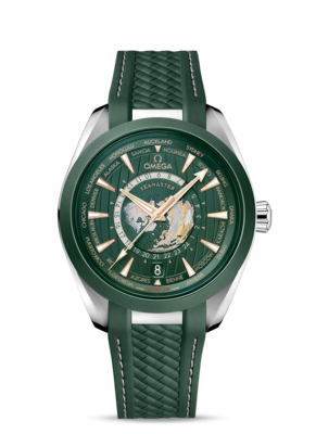 Aqua Terra Worldtimer 43mm with Green Globe Dial in Stainless Steel with Rubber Strap