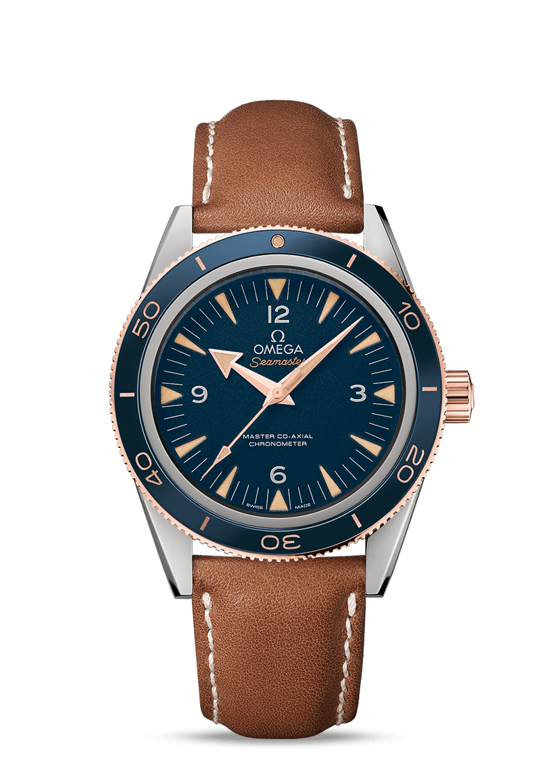 Seamaster 300 41 mm with Blue Dial in Titanium and Rose Gold on a Brown Leather Strap