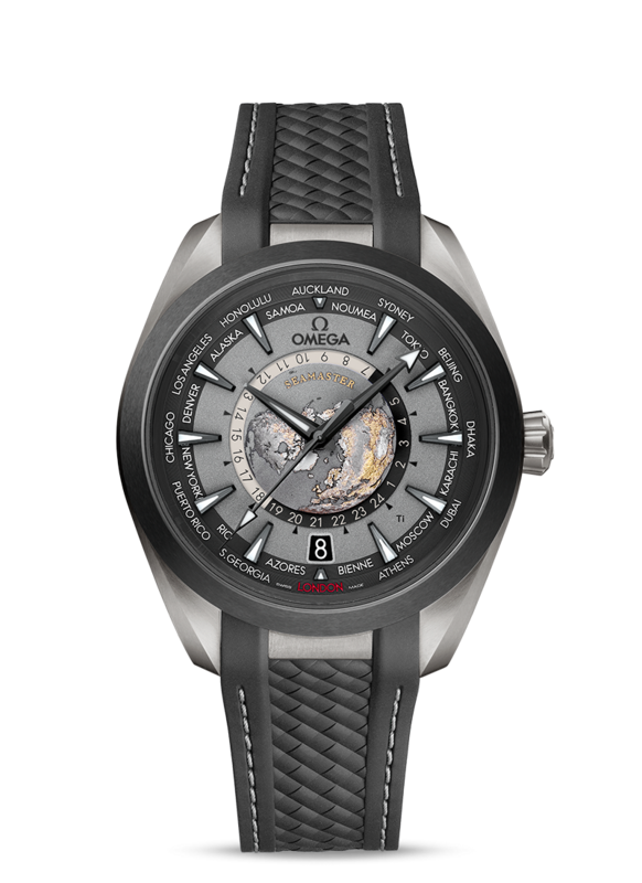 Aqua Terra Worldtimer 43mm with Black Globe Dial in Titanium with Rubber Strap