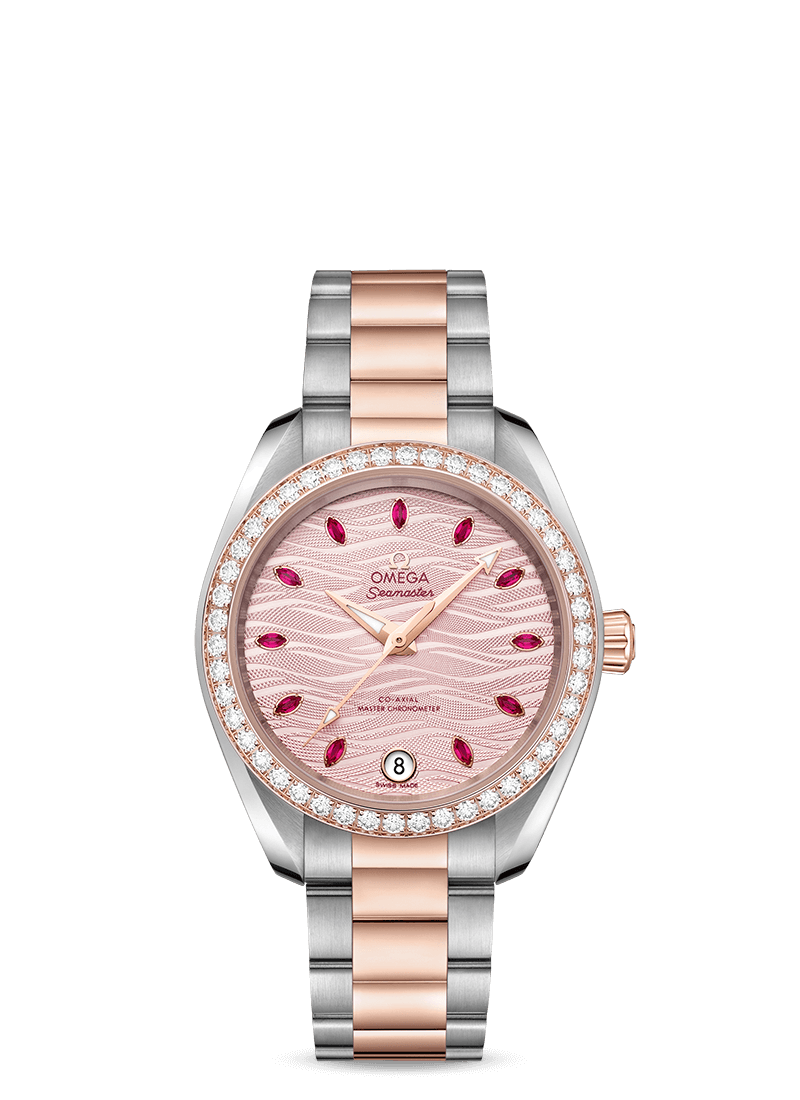 Aqua Terra 34mm with Pink Sand Dial in Stainless Steel and Rose Gold with Diamond Bezel
