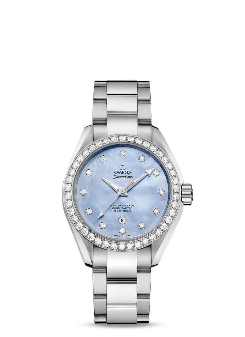 Aqua Terra 34mm with Blue Mother of Pearl Dial in Stainless Steel with Diamond Bezel