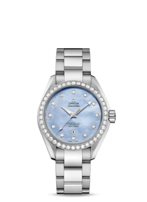 Aqua Terra 34mm with Blue Mother of Pearl Dial in Stainless Steel with Diamond Bezel