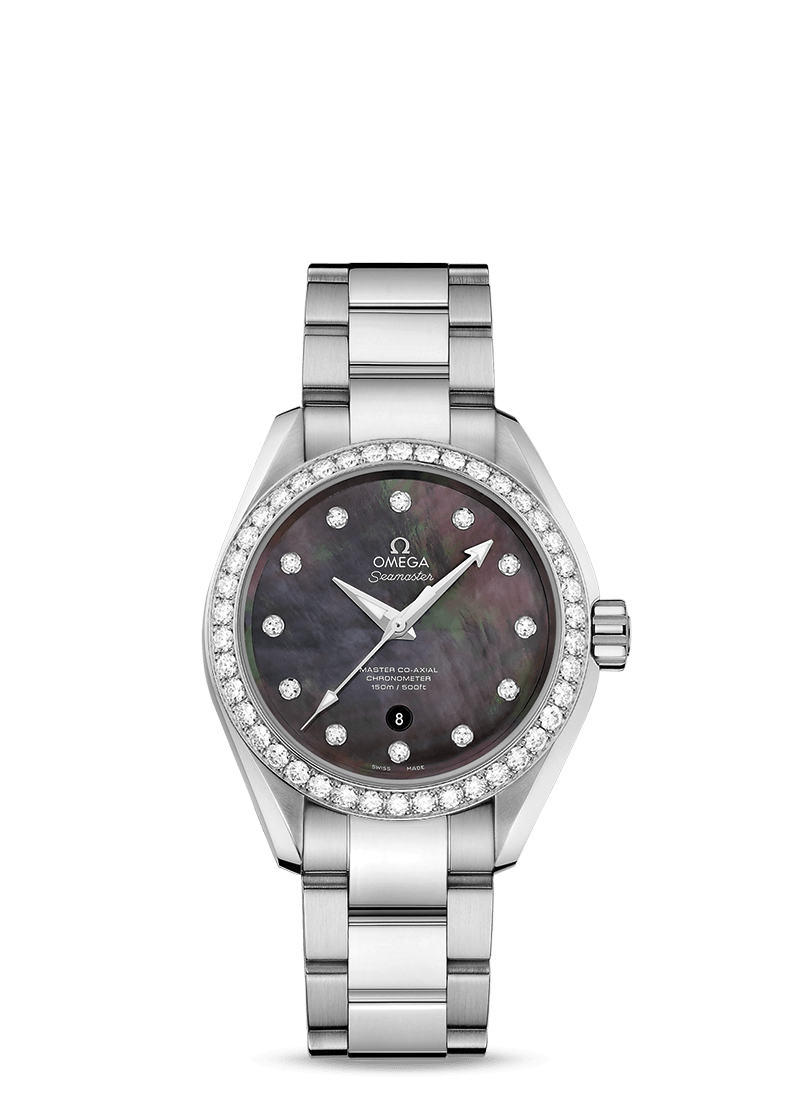 Aqua Terra 34mm Black Mother of Pearl in Stainless Steel with Diamond Bezel