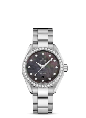 Aqua Terra 34mm Black Mother of Pearl in Stainless Steel with Diamond Bezel