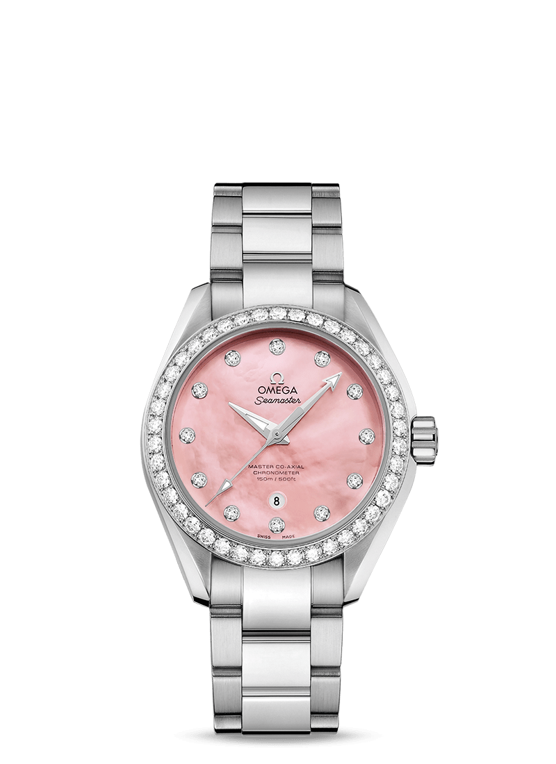 Aqua Terra 34mm with Pink Mother of Pearl Dial in Stainless Steel with Diamond Bezel