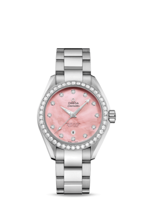Aqua Terra 34mm with Pink Mother of Pearl Dial in Stainless Steel with Diamond Bezel