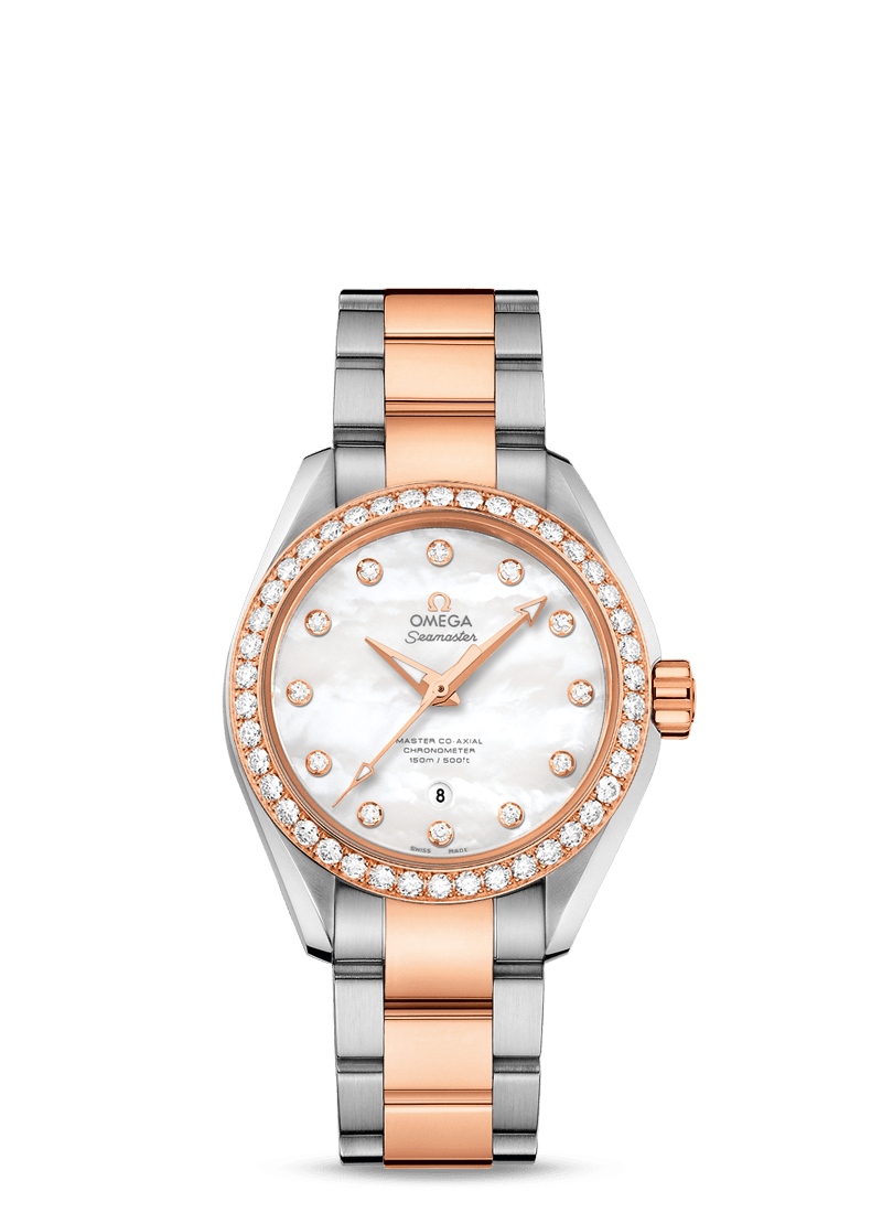 Aqua Terra 34mm with Mother of Pearl Dial in stainless Steel and Rose Gold with Diamond Bezel