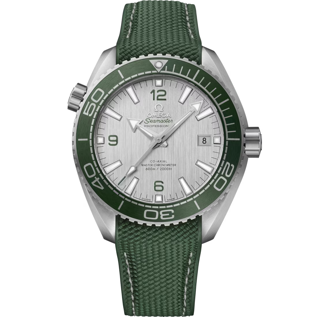 Planet Ocean 600M 43.5mm With Silver Dial in Stainless Steel on Green Rubber Strap