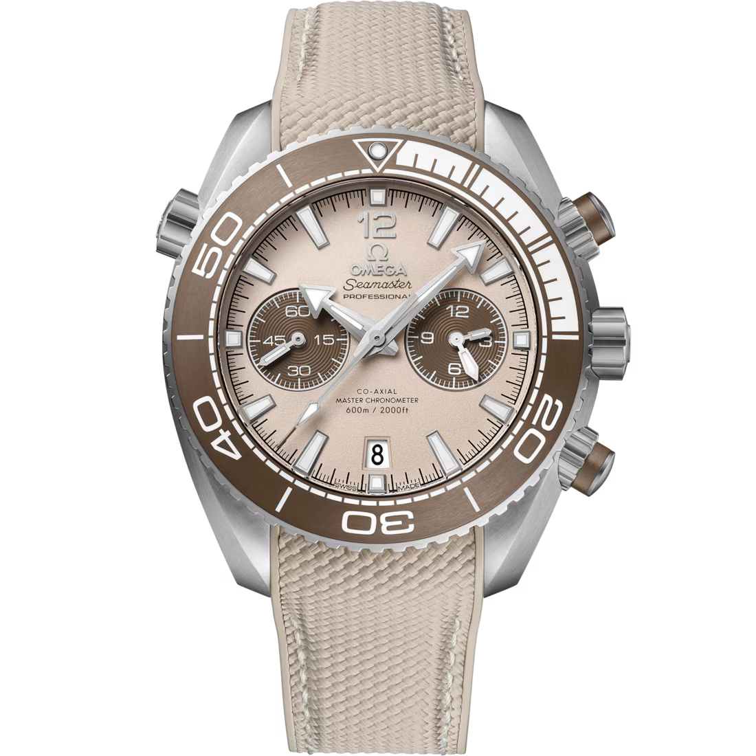 Planet Ocean 600M 45.5mm Chrono With Beige Dial in Stainless Steel on Beige Rubber Strap