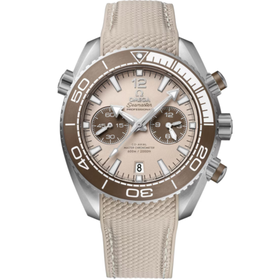 Planet Ocean 600M 45.5mm Chrono With Beige Dial in Stainless Steel on Beige Rubber Strap