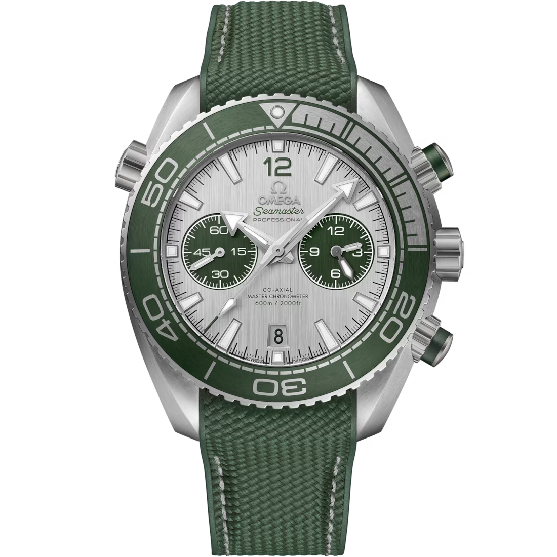 Planet Ocean 600M 45.5mm Chrono With Silver and Green Dial in Stainless Steel on Green Rubber Strap