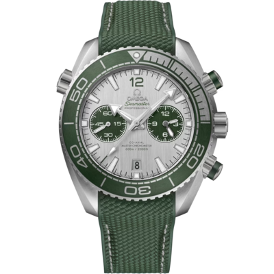 Planet Ocean 600M 45.5mm Chrono With Silver and Green Dial in Stainless Steel on Green Rubber Strap