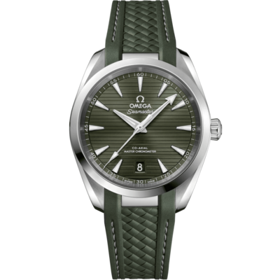 Aqua Terra 38mm with Teak Green Dial in Stainless Steel on Green Rubber Strap