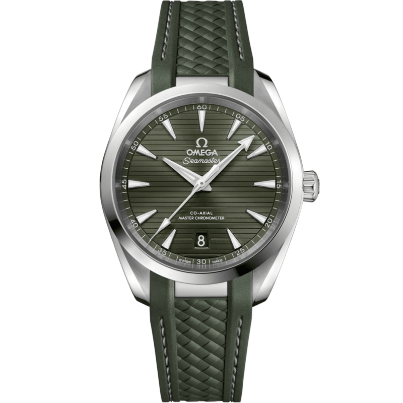 Aqua Terra 38mm with Teak Green Dial in Stainless Steel on Green Rubber Strap