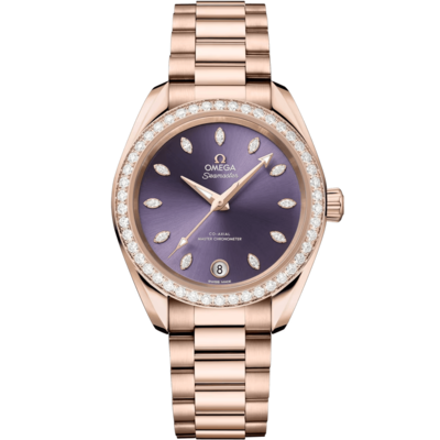 Aqua Terra 34mm with Purple Diamond Dial and Diamond Bezel in Rose Gold