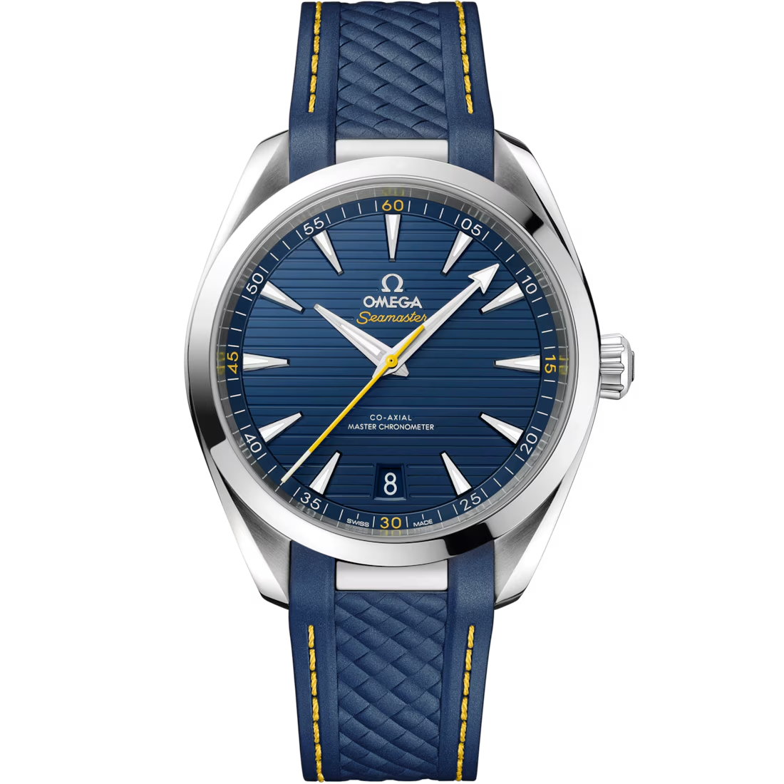 Aqua Terra 41mm With Blue dial and Yellow Accents in Stainless Steel on Rubber Strap