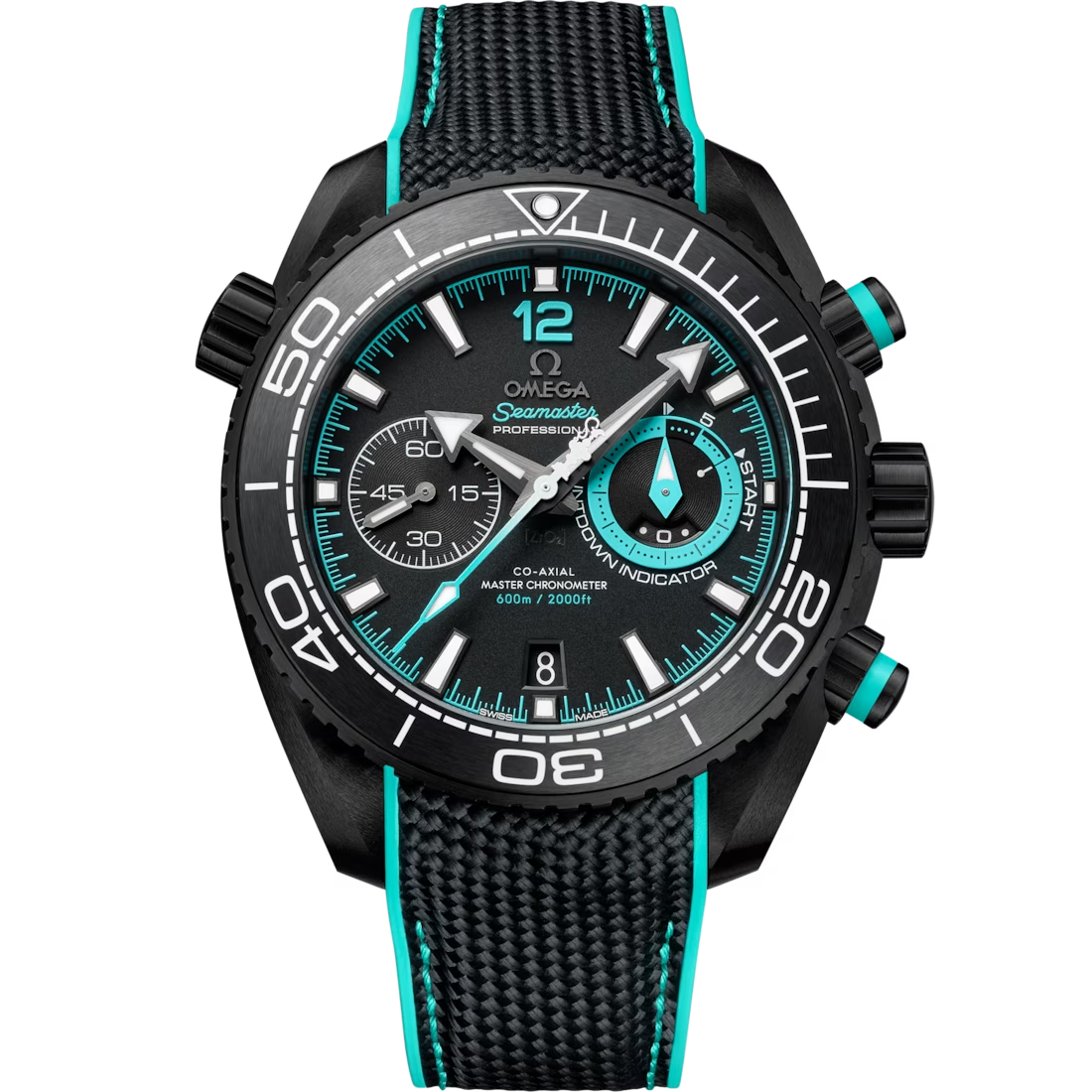 Planet Ocean Chrono 600M 45.5MM ETNZ Edition in Ceramic with Black and Teal Dial on Rubber Strap